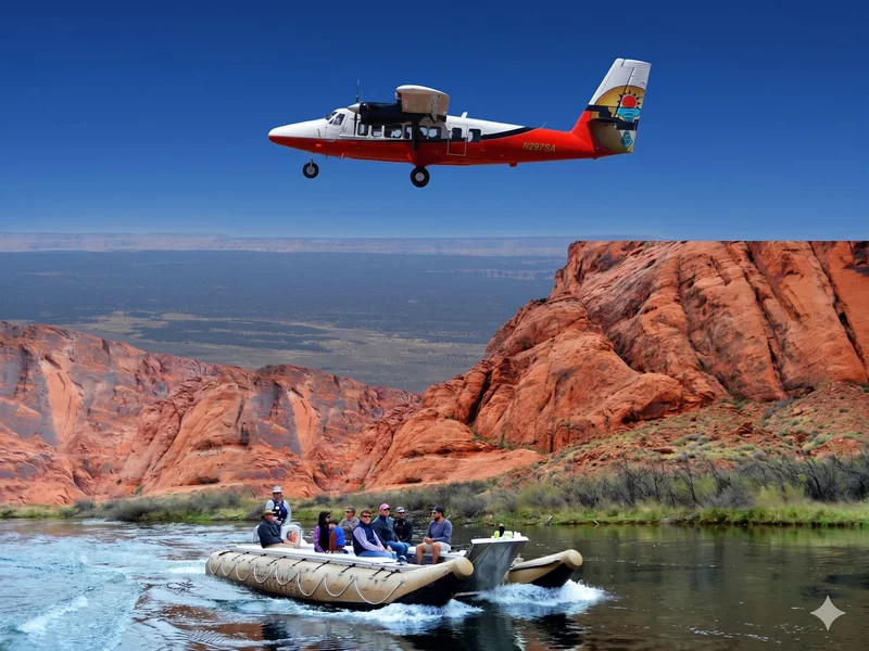 Scenic flight plane soaring above a river raft on the Colorado River with red canyon walls
