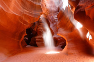 Sunbeams shining through the top of Upper Antelope Canyon.